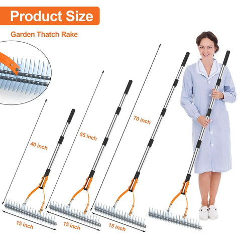 Thatch Rake Pro 19 Curved Steel Tines 15 Inch Lawn Dethatching Rake With Ergonomic Handle 70 Inch Reach for size comparison