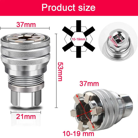 Adjustable Universal Socket Wrench Tool Set dimensions 10mm to 19mm with 3/8 inch drive, 37mm diameter, and 53mm length