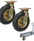 Two Pack Eight Or Ten Inch Heavy Duty Swivel Caster Wheels Featuring Pneumatic Rubber Tires And Precision Ball Bearings on a cart.