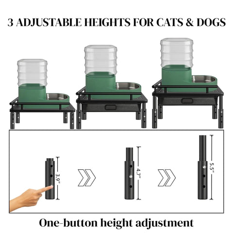 Built Tough Metal Elevated Pet Feeder Stand With Easy Adjust Height, showing 3 height levels for small and medium pups and kitty folks.