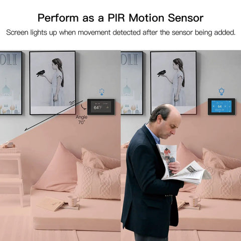 Image of a WiFi Smart Thermostat with C-Wire Adapter for Easy No Fuss Home Climate Control Zone Remote Sensor and Remote App Control Tuya Smart Life Alexa and Google Assistant Compatible 24VAC Heating and Cooling Energy Saver on a wall with motion sensor function.