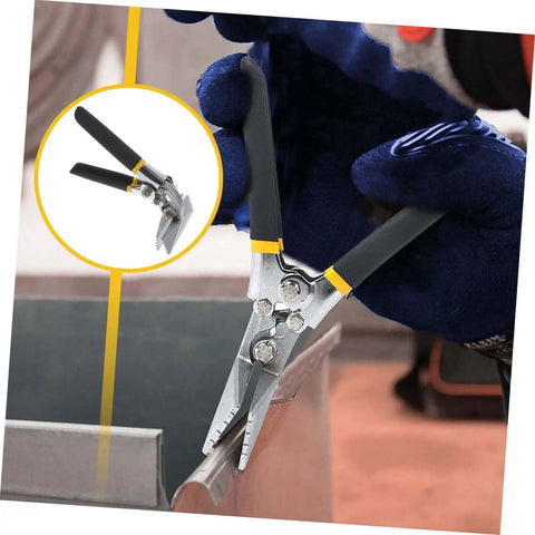Manual Metal Bender With Straight Jaw Hand Seamer in use for sheet metal bending, featuring non-slip handle for DIY HVAC jobs.