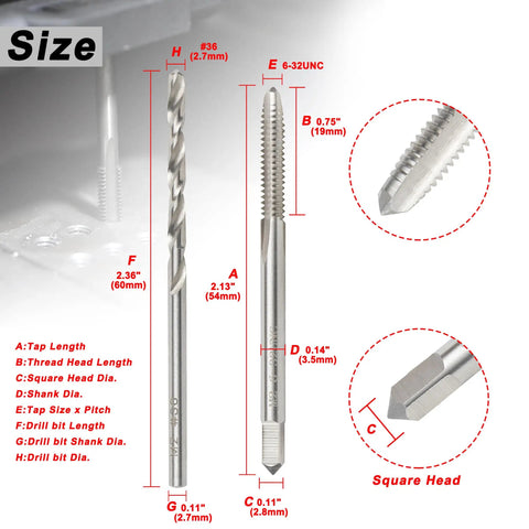 6 32 UNC Tap And No 36 Drill Bit Set For Metal Machining, M2 HSS Tap Drill Kit with 2.13 inch tap, 2.36 inch drill bit shown