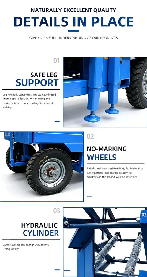 14 Meter Mobile Scissor Lift Heavy Duty Industrial Aerial Work Platform showing safe leg support features and hydraulic cylinder details.