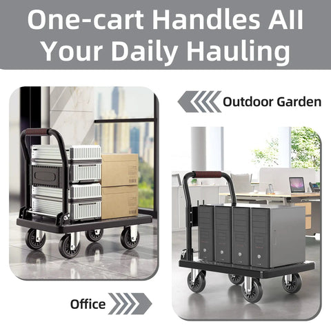 Upgraded Foldable Push Cart Dolly With 660 Lbs Capacity, Heavy Duty Moving Platform Hand Truck, Space Saving Collapsible Design For Quick Haul And Easy Storage In The Garage Or Utility Room. Foldable black platform cart with TPR wheels for office and garden hauling