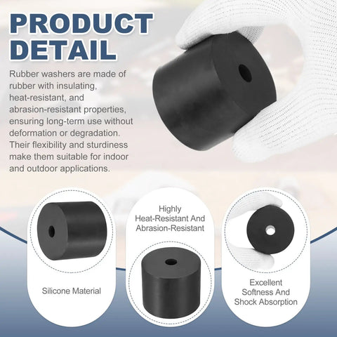 Black Rubber Spacers 1.97 OD 0.39 ID, 5 Piece Set Round Anti Vibration Bushings Washers for automotive use, held in a gloved hand.
