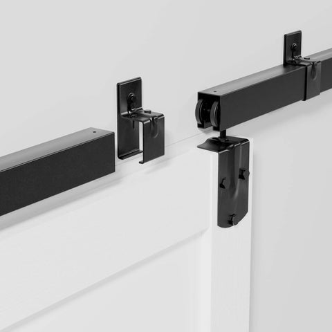 Close-up of Exterior Barn Door Hardware Kit With Door 96 By 84 Inches K Frame 16 Foot Heavy Duty Black Sliding Track System
