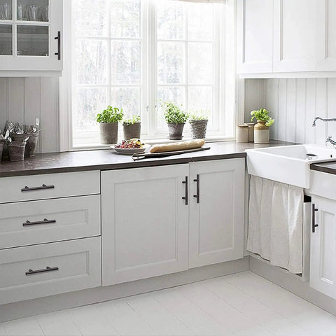 White kitchen with 30 Pack Oil Rubbed Bronze Cabinet Drawer Pulls Made From Solid Stainless Steel For Kitchen Cabinets Built To Last Beefy Five Inch Center To Center Half Inch Diameter Rugged Heavy Duty Hardware on drawers and cabinets.