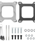 Open Center Three Quarter Inch Carburetor Gasket Adapter Kit 4Bbl To 4Bbl Aluminum Direct Bolt On Replacement For Most 4Bbl Carbs Improves Air Fuel Distribution Excludes Holley 4500 Silver, showing components and hardware