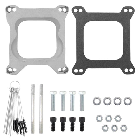 Open Center Three Quarter Inch Carburetor Gasket Adapter Kit 4Bbl To 4Bbl Aluminum Direct Bolt On Replacement For Most 4Bbl Carbs Improves Air Fuel Distribution Excludes Holley 4500 Silver, showing components and hardware