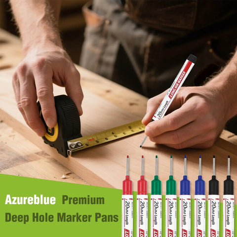 Premium Long Nib Markers And Deep Hole Marker Pens Waterproof Construction Marking Tools With Built In Ruler in use measuring a wooden board.