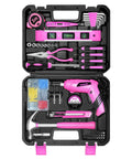 Pink Tool Set For Women 130 Piece Home Toolkit With 3.6V Cordless Rechargeable Screwdriver in open case showing tools