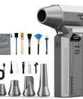 Powerful Cordless Air Duster With LED Display And Brushless Motor 150000 RPM 4 Gear Turbo Blower with accessories displayed