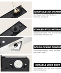 Invisible Recessed Pocket Door Lock With Handle Sliding Barn Door Latch Kit With Keys Black Finish Fits 35 To 55 Millimeter Thick Doors Easy Install And Durable Mortise Lock For Home Closet And Furniture Hardware showing adjustable lock cylinder, stainless steel material, solid locking tongue, and durable lock body.