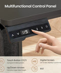 Close-up of control panel with digital screen and touch buttons on the L Shaped Electric Standing Desk With File Cabinet And Drawers, 63 By 53 Inch Height Adjustable Computer Desk For Home Office, Power Outlet, Keyboard Tray, Led Lights, Stand Up Gaming Table, Black.
