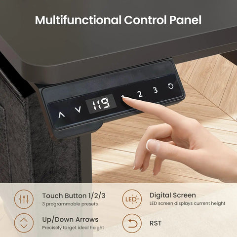 Close-up of control panel with digital screen and touch buttons on the L Shaped Electric Standing Desk With File Cabinet And Drawers, 63 By 53 Inch Height Adjustable Computer Desk For Home Office, Power Outlet, Keyboard Tray, Led Lights, Stand Up Gaming Table, Black.