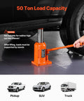 Orange VEVOR 50-ton hydraulic bottle jack with long 3-section handle lifting a vehicle