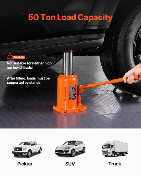 Orange VEVOR 50-ton hydraulic bottle jack with long 3-section handle lifting a vehicle