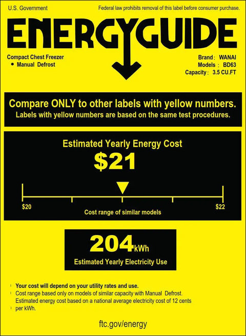 Energy guide label for Game Changer Mini Chest Freezer 3.5 Cubic Feet highlighting energy efficiency and costs.