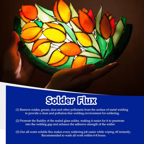 Hands holding a stained glass tulip bowl, demonstrating use in glass art with 8oz Liquid Solder Flux For Stained Glass Soldering Supplies And Electrical Repairs Water Based Formula Pro Grade Safe.
