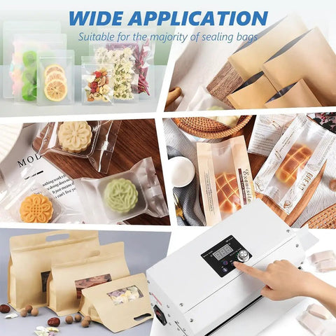 Premium Automatic Plastic Bag Heat Sealer Machine With Continuous Band Technology For Fast Food Packaging And Home Made Goods At High Speed with various sealed bags.