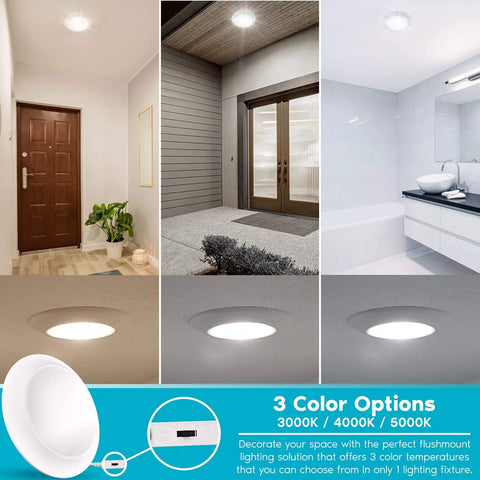 8 Inch Flush Mount LED Disk Lights 3 Color Selectable 3000K 4000K 5000K Wet Rated Dimmable Low Profile Ceiling Light ETL Listed Pack Of 4