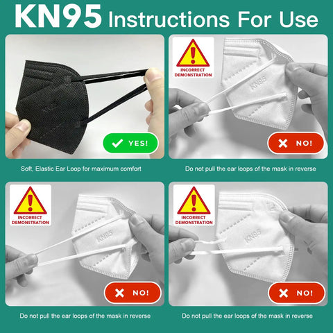 Instructions showing how to wear Kids KN95 Masks 25 Pack Black Five Layer With Adjustable Ear Loops properly and incorrectly.