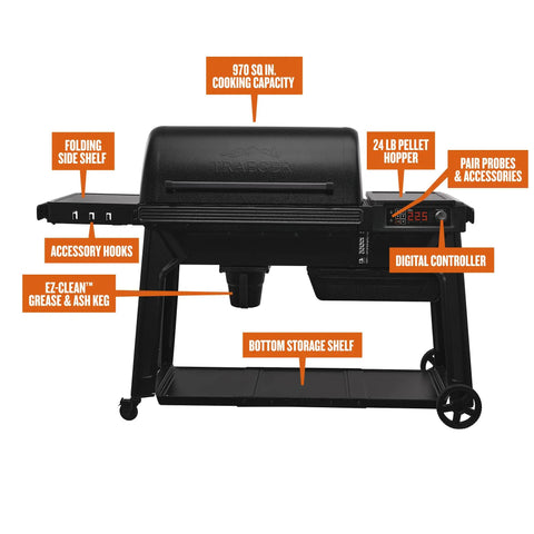 Woodridge Pro Electric Wood Pellet Grill And Smoker For Backyard Grillin With 970 Sq In Cooking Area Digital Sensor Side Shelf WiFi Connectivity Super Smoke Mode Delivers Rich Wood Fired Flavor with labeled features