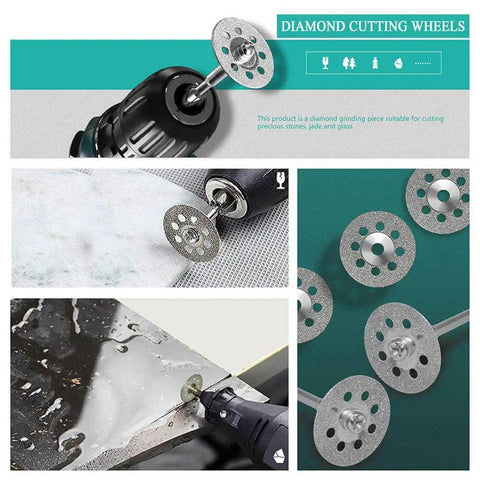 Diamond cutting wheels from 32 Piece Rotary Tool Accessories Kit Dremel Compatible with Cutting Wheels and Discs for Wood and Metal DIY Projects.