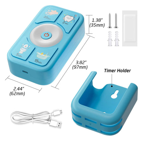 Blue Kids Timer For Tooth Brushing Bath Time And Shower Routines with timer holder, charger cable, mounting bracket, and screws.