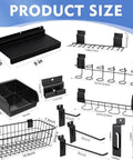 Slatwall Organizer Kit With Hooks Shelves Bins And Baskets Plus Screwdriver Holder For Garage And Room Storage 40 Piece Wall Mounted Setup diagram showing part dimensions.