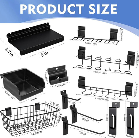 Slatwall Organizer Kit With Hooks Shelves Bins And Baskets Plus Screwdriver Holder For Garage And Room Storage 40 Piece Wall Mounted Setup diagram showing part dimensions.