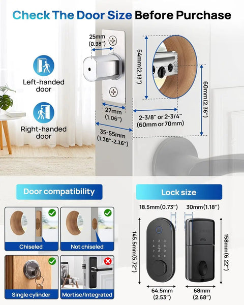 Installation guide for Smart Door Lock With Fingerprint And App Control Keyless Entry No Keys Needed Auto Lock Deadbolt Electronic Keypad For Front Door Home Or Apartment Use With Temporary Codes And Full Access History, showing size and compatibility.