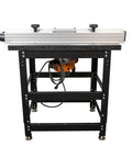 Heavy Duty Cast Iron Router Table Workhorse Package With Triton 3 25 Hp Dual Mode Router, front view with adjustable fence.