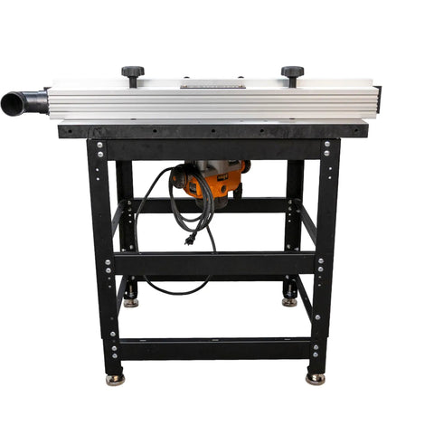 Heavy Duty Cast Iron Router Table Workhorse Package With Triton 3 25 Hp Dual Mode Router, front view with adjustable fence.