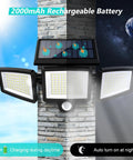 Solar Outdoor Lights 3 Head Motion Sensor Flood Light With Remote Control, 2500LM 210 LEDs mounted on wall, daytime and night view