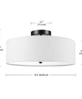 Two Light Flush Mount Ceiling Light In Dark Bronze With White Linen Drum Shade, dimensions shown