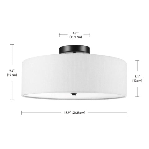 Two Light Flush Mount Ceiling Light In Dark Bronze With White Linen Drum Shade, dimensions shown