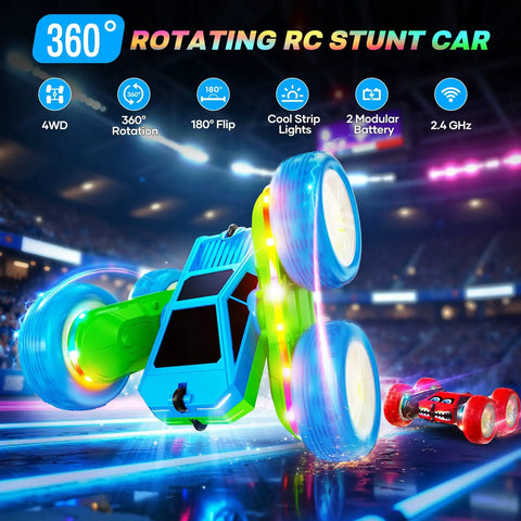 Epic 360 Degree Flip RC Car All Terrain 4WD Stunt Toy with USB C Charge showcasing LED lights in a stadium setting.
