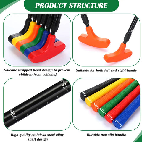 8 Pack Adjustable Mini Golf Putters for Men and Women Two Way Set with colorful silicone heads, adjustable shafts, and grip handle.