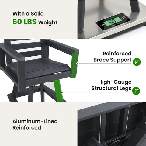 Outdoor HDPE Swivel Bar Stool 360 Degree Rotation Bar Height Ladderback Chair showing weight and structural details.