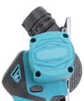 Close-up of Grab Your Gear With This Battery Powered Mini Circular Saw 3 Inch Handheld, blue and black design, top view of motor housing.