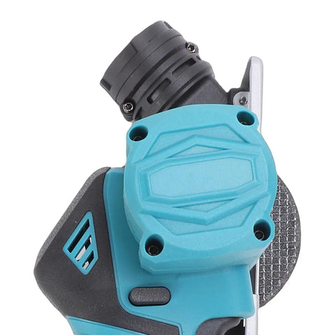 Close-up of Grab Your Gear With This Battery Powered Mini Circular Saw 3 Inch Handheld, blue and black design, top view of motor housing.