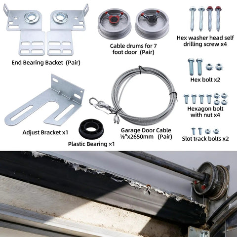 Components of 7Foot Garage Door Torsion Spring Kit With Heavy Duty Cables And Aluminum Drums For Extension Systems Center Bracket Included