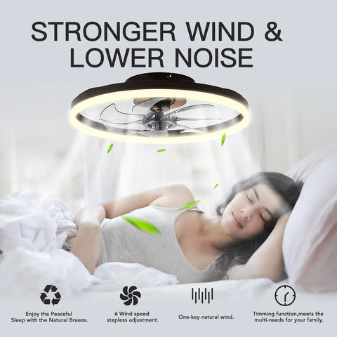 Bladeless Low Profile Ceiling Fan With Light Remote Control 19.7 Inch Diameter Flush Mount Black LED Ceiling Fixture in bedroom scene