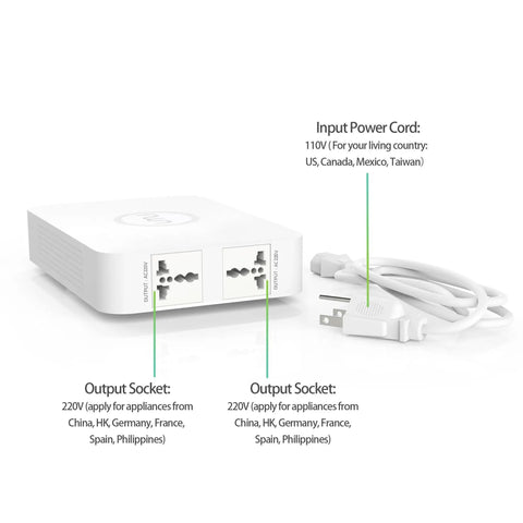500W Step Up Voltage Converter From 120V To 220V For Appliances Under 500W With Plug And Play Setup, dual outlets shown
