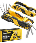 Folding Wrench Set 17-Piece With 9 SAE And 8 Metric Hex Keys, displayed with packaging, handy bike tool kit in yellow and black.