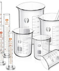 Thick Borosilicate Glass Beaker And Graduated Cylinder Kit With Stirring Rod, includes 5 beakers and 4 cylinders for science lab use.