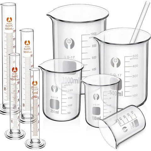 Thick Borosilicate Glass Beaker And Graduated Cylinder Kit With Stirring Rod, includes 5 beakers and 4 cylinders for science lab use.
