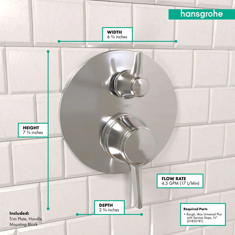 Ecostat Classic Pressure Balance Shower Valve Trim With Diverter In Chrome Model 04449000 installed with dimensions shown